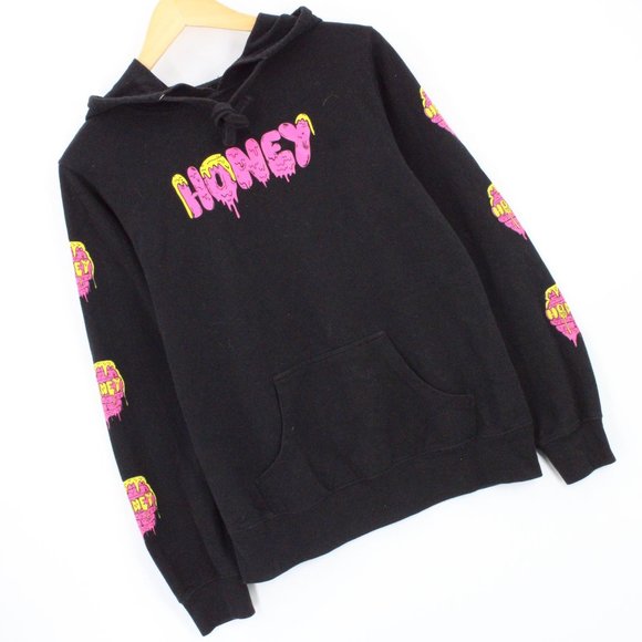 Honey Brand Hoodie Sweatshirt Women's Black Pullover Big Logo Front Cotton M - Picture 2 of 8